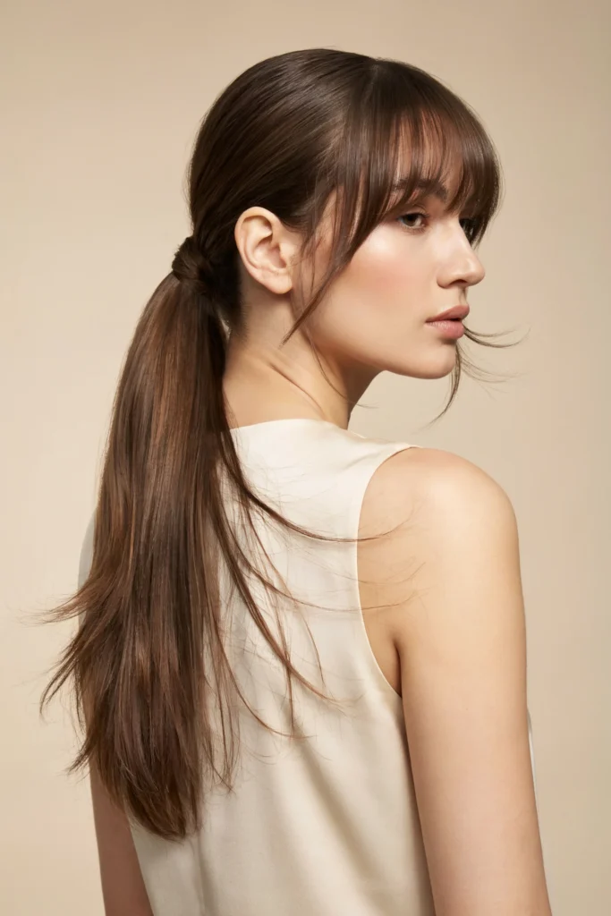 Low Ponytail with Feathered Bangs