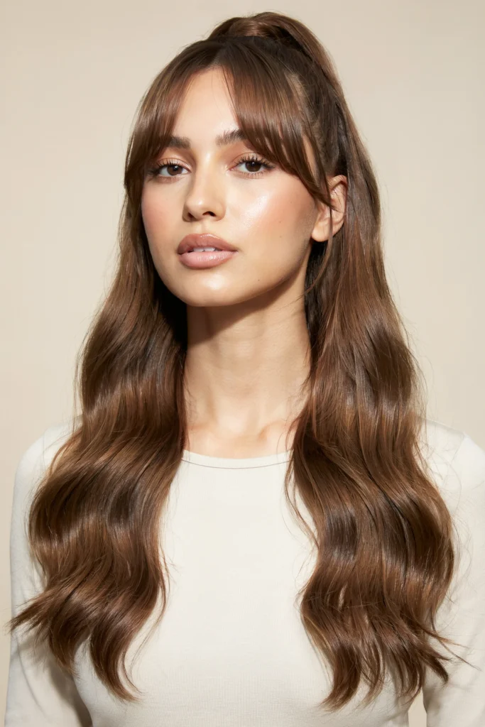 Ponytail with Loose Waves and Curtain Bangs
