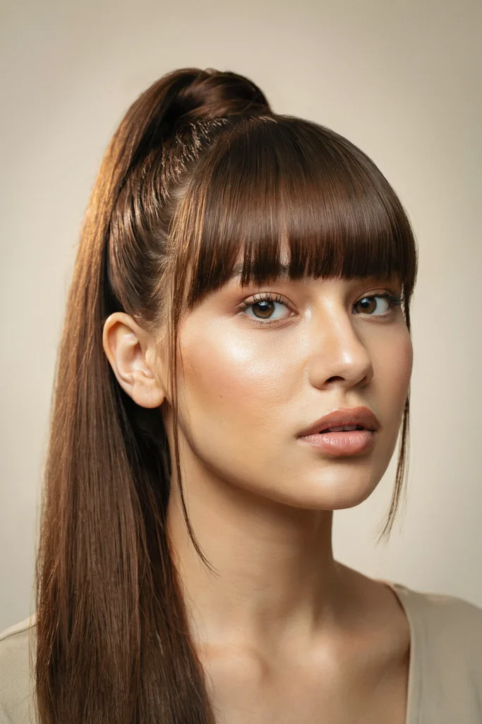 Statement Glam Ponytail with Bold Bangs