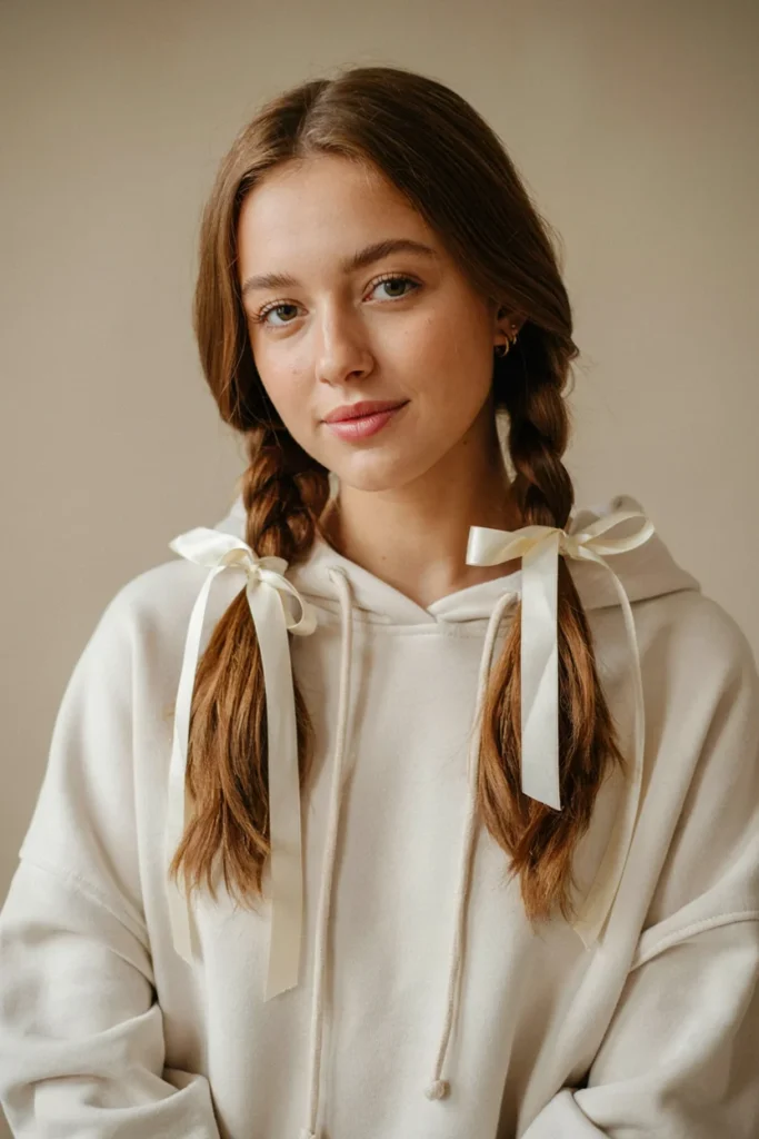 Bow-Tied Ribbon Accents on Low Pigtails