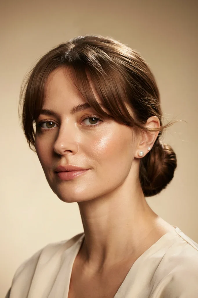 Elegant Low Bun with Bottleneck Bangs