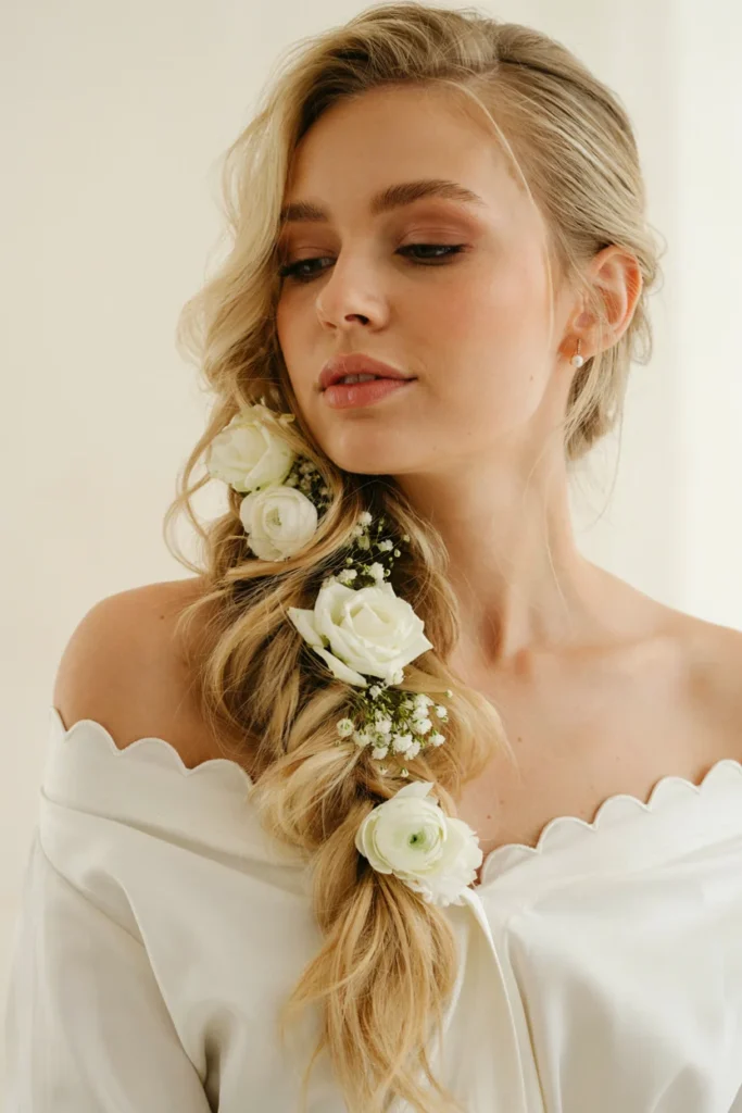 Half-Up Fishtail Braid with Floral Accessories