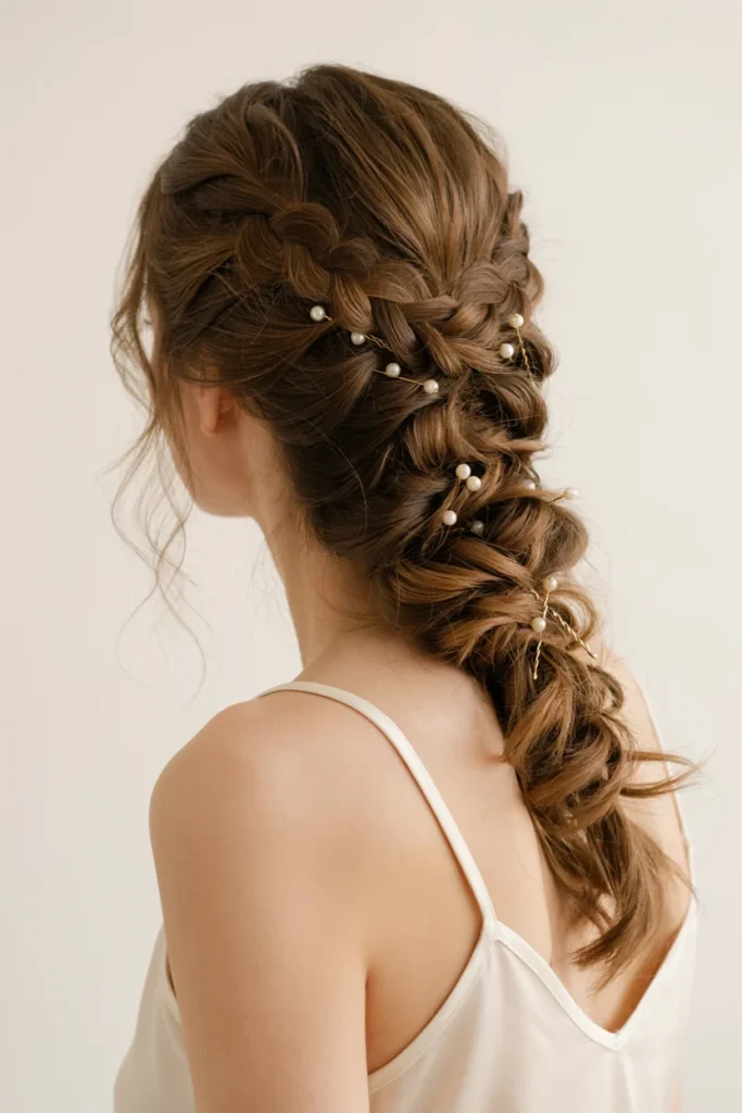 Half-Up Fishtail Braid with Pearl Hair Pins
