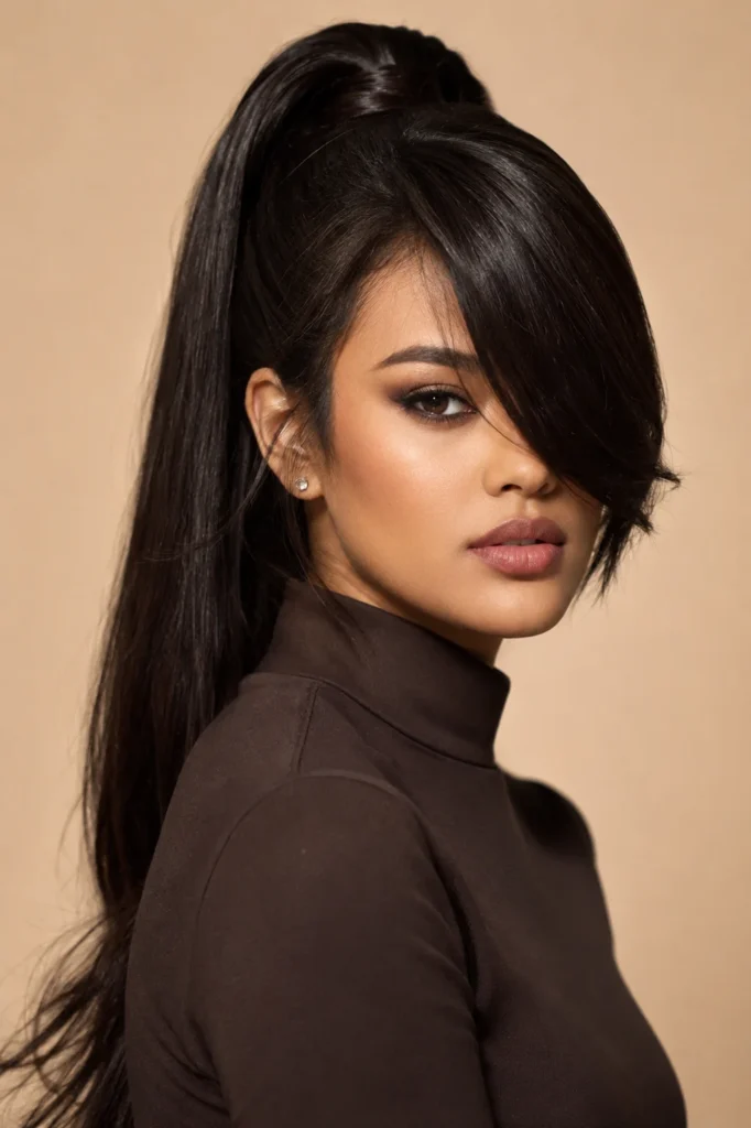 High Ponytail with Side-Falling Fringe