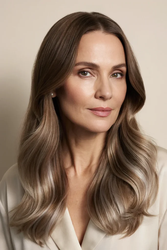 Brown Hair with Silver Highlights and Dark Roots