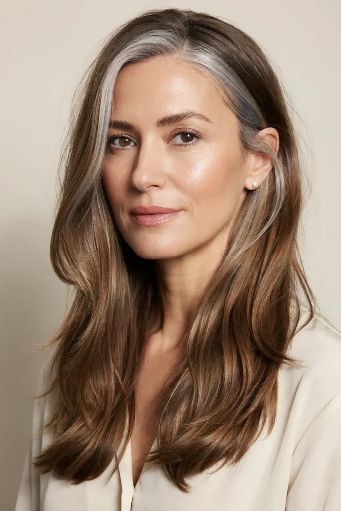 Brunette Hair with Face-Framing Silver Highlights