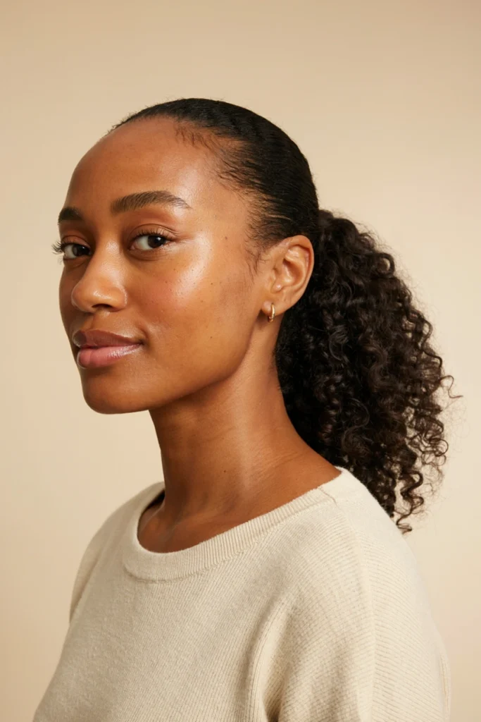 Ponytail with Shaved Sides and Defined Curls