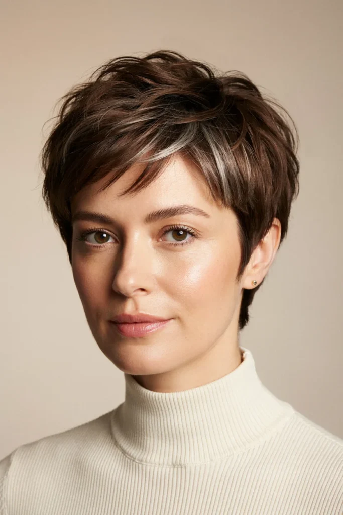 Short Brown Hair with Silver Highlights