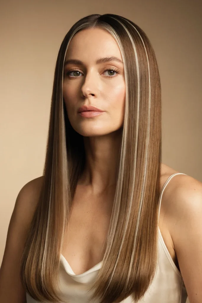 Straight Brown Hair with Silver Highlights
