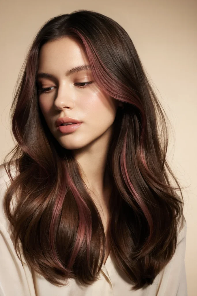 Burgundy-Pink Highlights on Dark Brown Hair