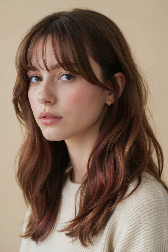 Cherry Cola Balayage with Curtain Bangs