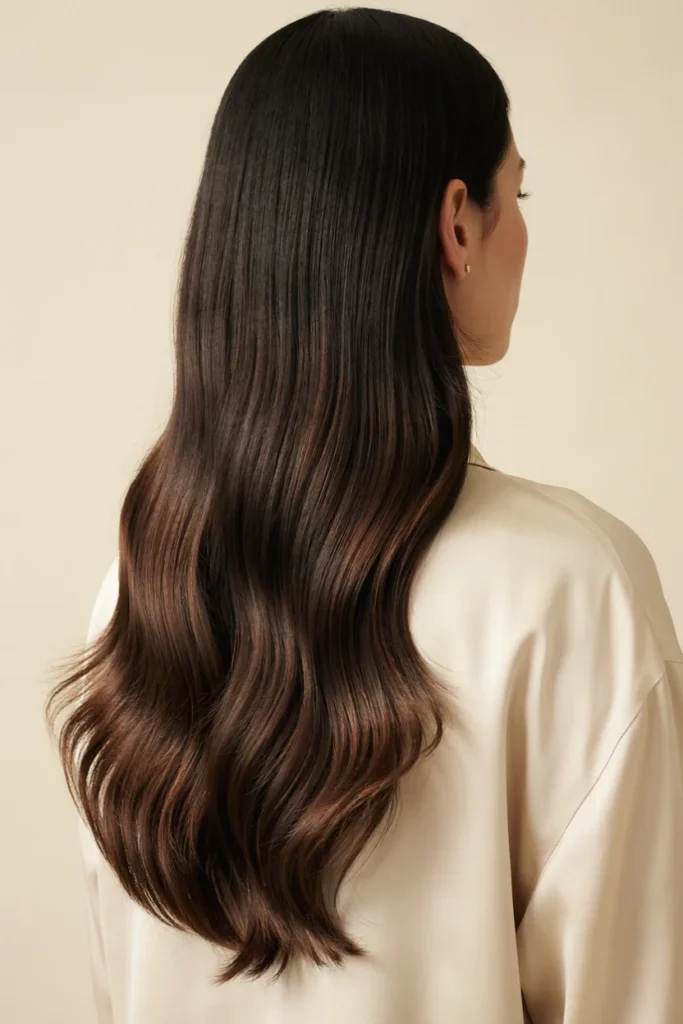 Glossy Espresso Brown Highlights on Black Hair