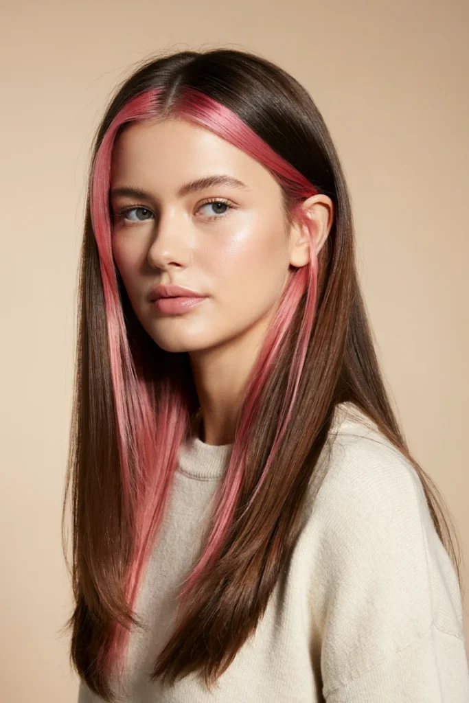 Hot Pink Highlights on Dark Brown Hair