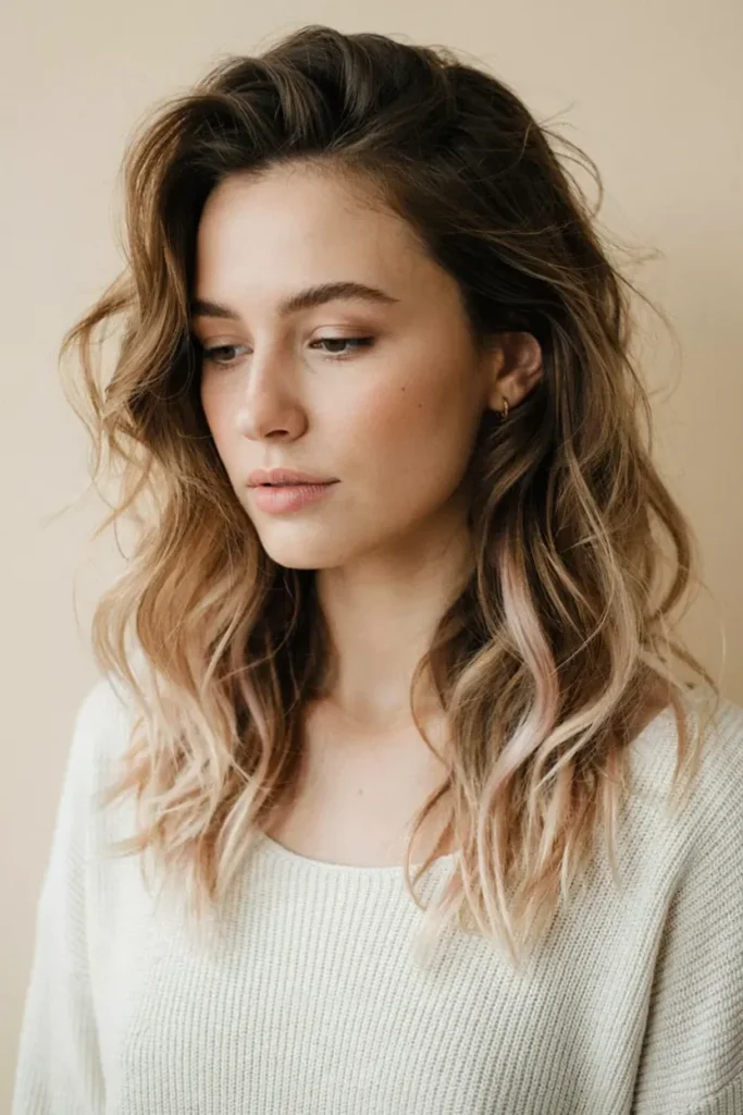 Pastel Pink Highlights on Medium Brown Hair