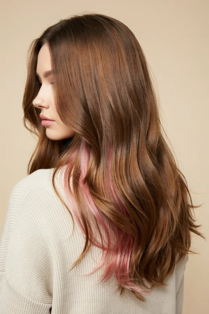 Peekaboo Pink Highlights Under Brown Hair