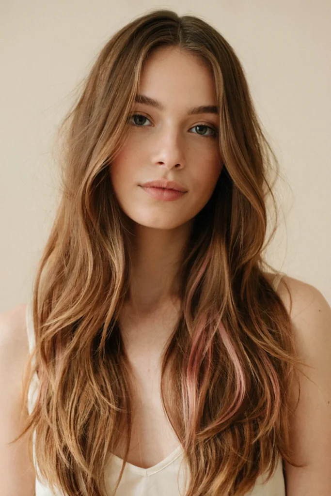 Pink and Caramel Highlights on Brown Hair