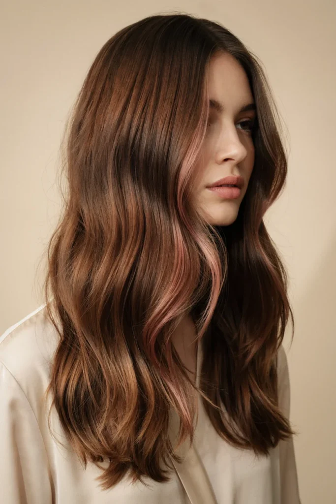 Pink Highlights on Chocolate Brown Hair