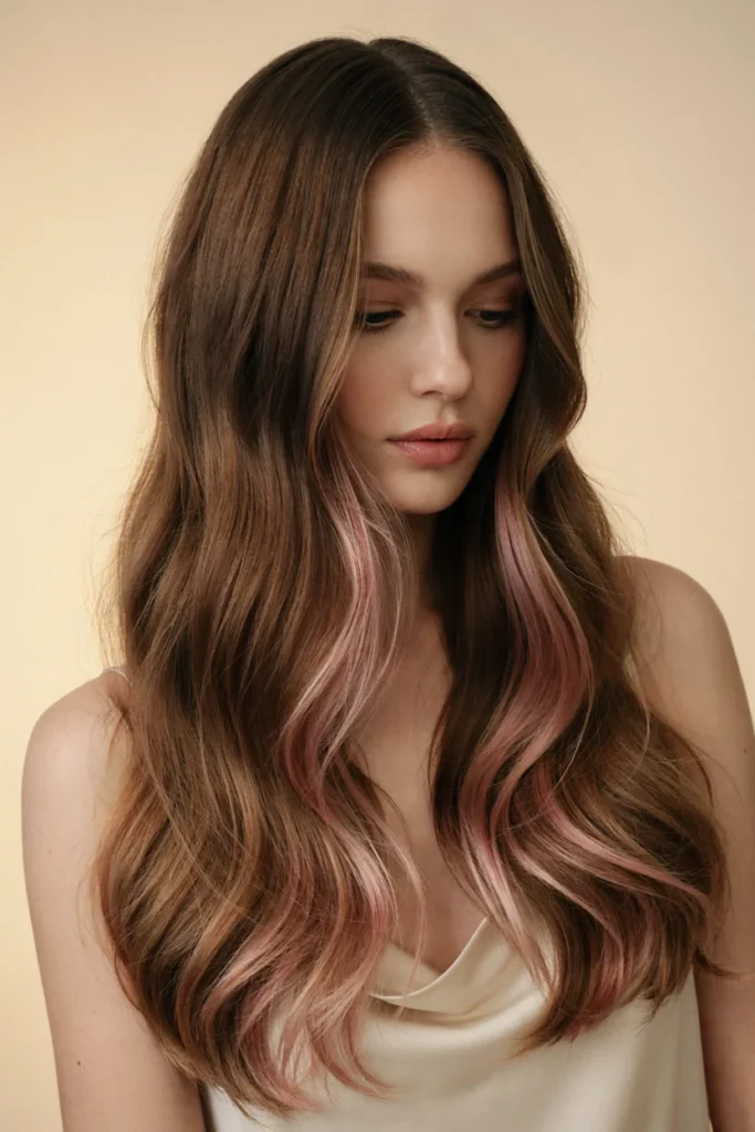 Pink Highlights on Long Brown Hair