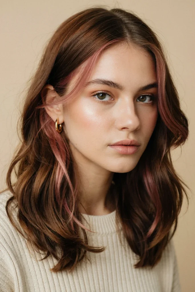 Pink Money Pieces on Brown Hair