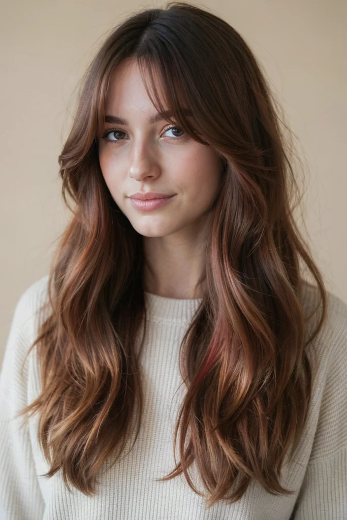 Red Copper Balayage with Curtain Bangs