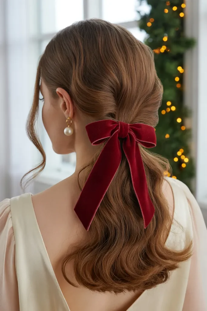 Half-Up Hairstyle With a Velvet Bow